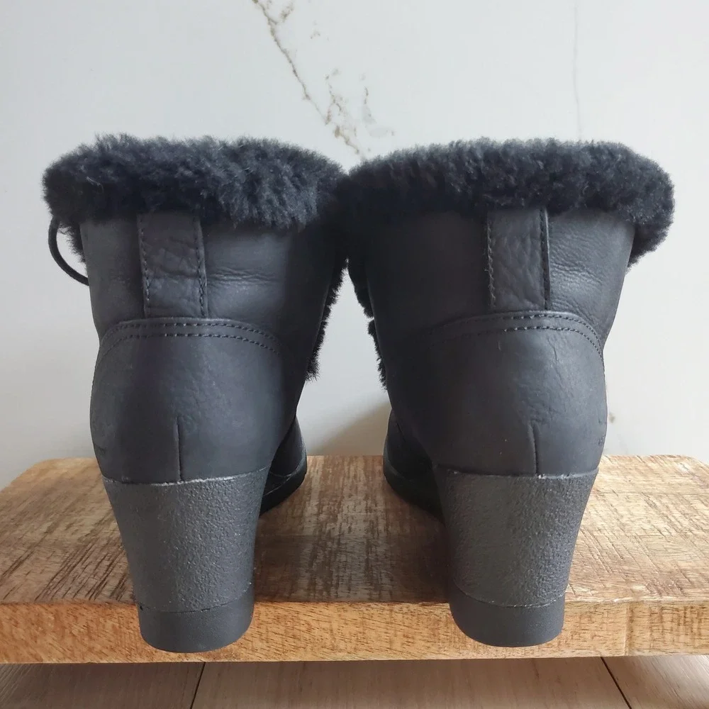 UGG Boots Womens 7 Black Suede Jeovana Ankle Boot Waterproof Wedge Shearling